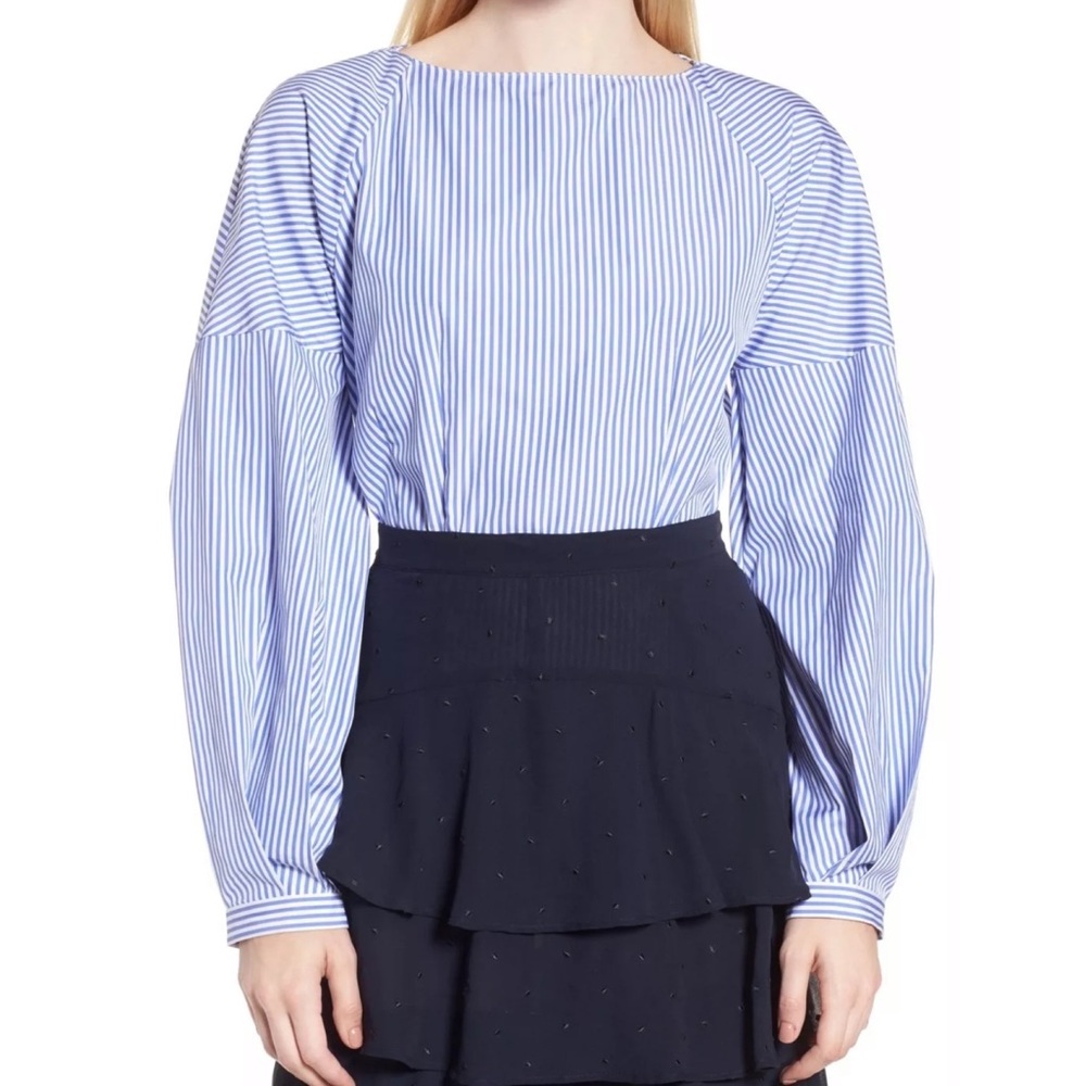 LEWIT blue and white striped cotton poplin balloon sleeve top M